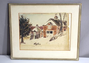 Vintage Watercolor Of Rustic Cabin In Winter  Framed Original Artwork