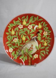 13' Round Vintage Decorative Glass Serving Platter Bird Reversed Painted Red