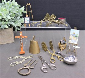 Group Lot Of Brass And Metal Scissors, Tongs, Easels, Bell, And Various Other