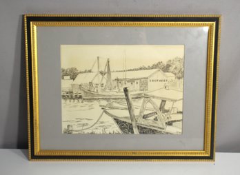 Framed & Signed Harbor Scene Etching