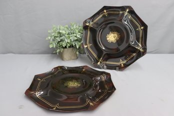 Two Vintage Ernest Sohn Extra Large Gold Gilded Faux Tortoise Shell Divided Platters