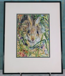 Rabbit In Grass Original Watercolor, Signed V. Werder