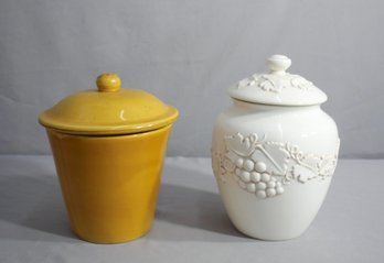 Vintage Lidded Canister Crock And Stonelite Cookie Jar With Grape Pattern