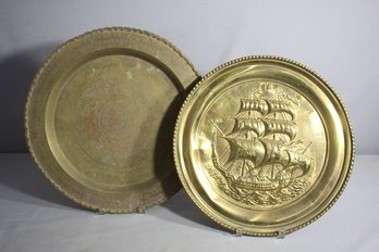 Pair Of Vintage Brass Charger Plates With Nautical Theme-(18' & 16.5' Round )