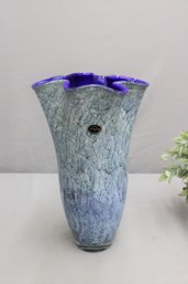 Large Krosno Jozefina Cased Art Glass Blue Ruffled Rim Vase