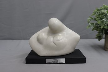 CMFNY Stone Abstract Art Sculpture Of A Mother Holding A Baby On Wood Base