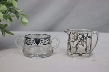 Vintage Glass Creamer & Sugar Mismatched Set  With Silver Onlay