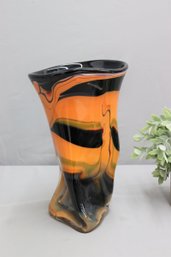 Makora Crystal Poland Handmade Orange And Black Handkerchief Vase