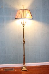 3 Candlestick Brass Floor Lamp With Pleated Silk Shade