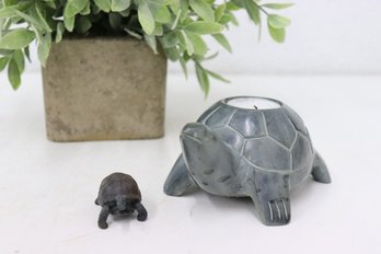 Stone Cut Turtle Votive Holder And Small Tortoise Figurine