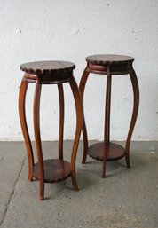 Pair Of Vintage Wooden Pedestals With Scalloped Edges - Elegant Plant Stands