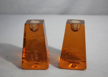 Pair Of Fire & Light Handcrafted Recycled Glass Candle Holders In Orange