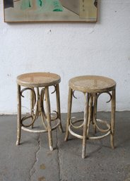 Pair Of Vintage Wicker-Top Stools With Ornate Bentwood Frames