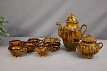 Group Lot Of Vintage Mexican Dripware Pottery Coffee Pot And Cips/saucers