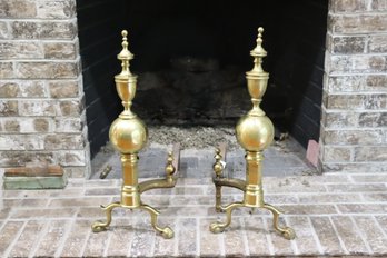 Antique Period Solid Brass Andirons With Original Wrought Iron Sides