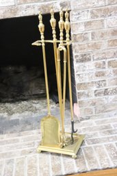 Vintage Brass Fireplace Tool Set - 4 Tools And Base