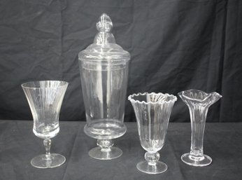 Group Lot Of 3 Glass Vase And A Clear Apothecary Jar