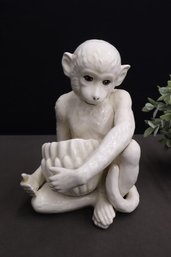 Pottery White Glazed Monkey With Banana Basket  Planter Figurine