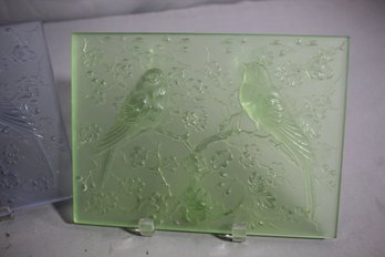Vintage Art Glass  Frosted Bird Glass Plaques - Green, 7.5' X 10'