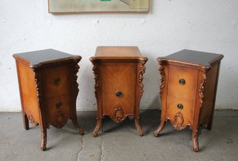 Set Of Three Vintage French Nightstands With Ornate Carvings And Two Drawers