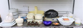 Shelf Lot Of Ceramic Cookware, Serveware, And Decorative Items