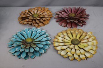 Group Lot Of  4 Vintage Patina Painted Metal Flowers Wall Decor