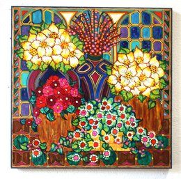 Original Oil On Canvas Flowers And Stained Glass Still Life, Signed By Artist, Mara Abboud 1979