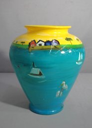 Hand Painted 11' Glass  Vase With Vibrant Landscape And Seaside Imagery