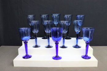 Group Lot Of 12 Cobalt Blue Glass Tulip Flare Goblets