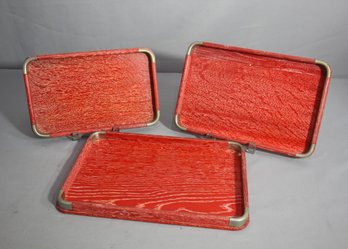 Set Of 3 Vintage Japanese Red Lacquer Wooden Trays