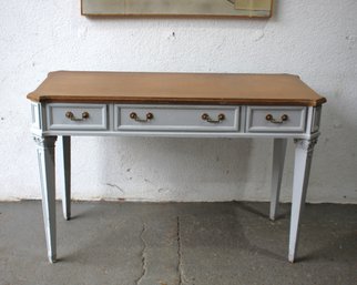 Vintage Two-Tone Writing Desk With Brass Handles - Elegant Workspace Solution