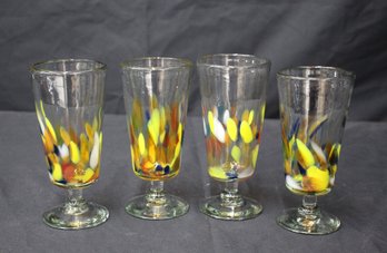 Set Of 4 Murano-Style Blown Glass Pedestal Glass With Vibrant Color Swirls
