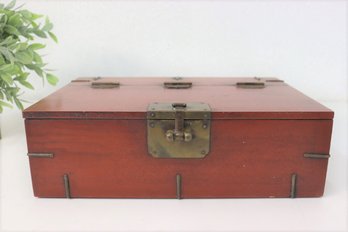 Vintage Japanese Tansu Box In Red Lacquer Wood And Brass Fittings Lined With Pages From Japanese Book