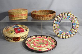 Assorted Lot Of Woven Baskets And Decorative Items