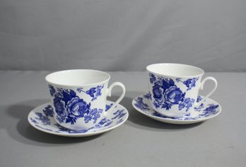 Pair Of Oversized Roy Kirkham Blue Victoriana Blue And White Floral Pattern Breakfast Cup And Saucer