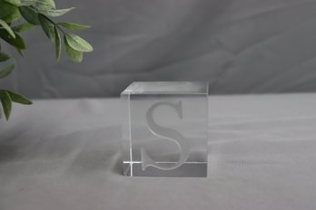 'S' Monogram Glass Crystal Cube Paperweight