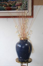 Decorative Glazed Ceramic Vase With Artificial Sedge And Grass Arrangement