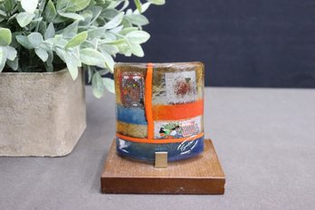 Curved Standing Art Glass Collage Tile On Wood Base - Signed Original Creation Made In Greece