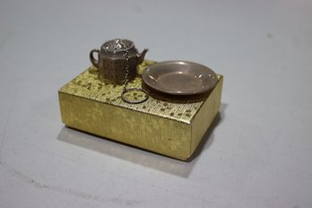 Silver Tea Strainer Miniature Tea Pot And Tray  (.800 Tzo)