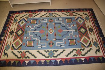 Blue Border Colourful Hand Woven Dhurrie Rug- Carpet- 71.5' X 47'