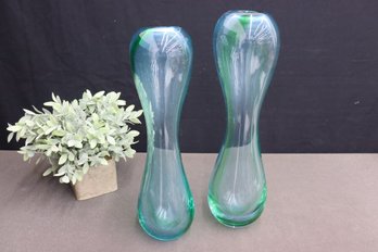 Two Stunning Pulled Blue/Green Hour Glass Hand-Blown Glass Vase