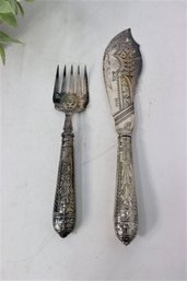 Antique English Engraved Silver Plate Fish Serving Set