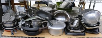 Shelf Lot Of Metal Pans, Sheet Pans, Pots, And Assorted Kitchen/Cookware