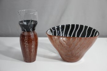 2PC Glass , 'TONGA', Monica Backstrom -Kosta Boda Center Bowl Ad Vase
