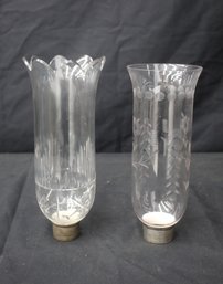 Pair Of Engraved Floral Hurricane Candle Lamp Chimney Shades