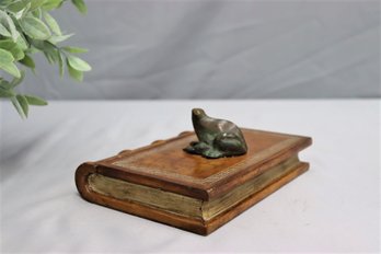 Faux Wooden Book With Frog Figurine On Top