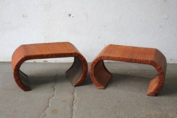 Pair Of Vintage Woven Rattan Waterfall Benches - Bohemian Style