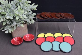 Group Lot: Mod Pop Colored Coasters, Faux-croc Coasters, And 2 Vintage Air France Ceramic Nut Dished