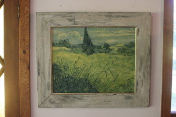 White Vintage Frame With A Green Wheat Field With Cypress Print