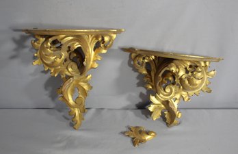 Pair Of Italian Florentine Gold Gilt Carved Wall Shelves (Damaged)